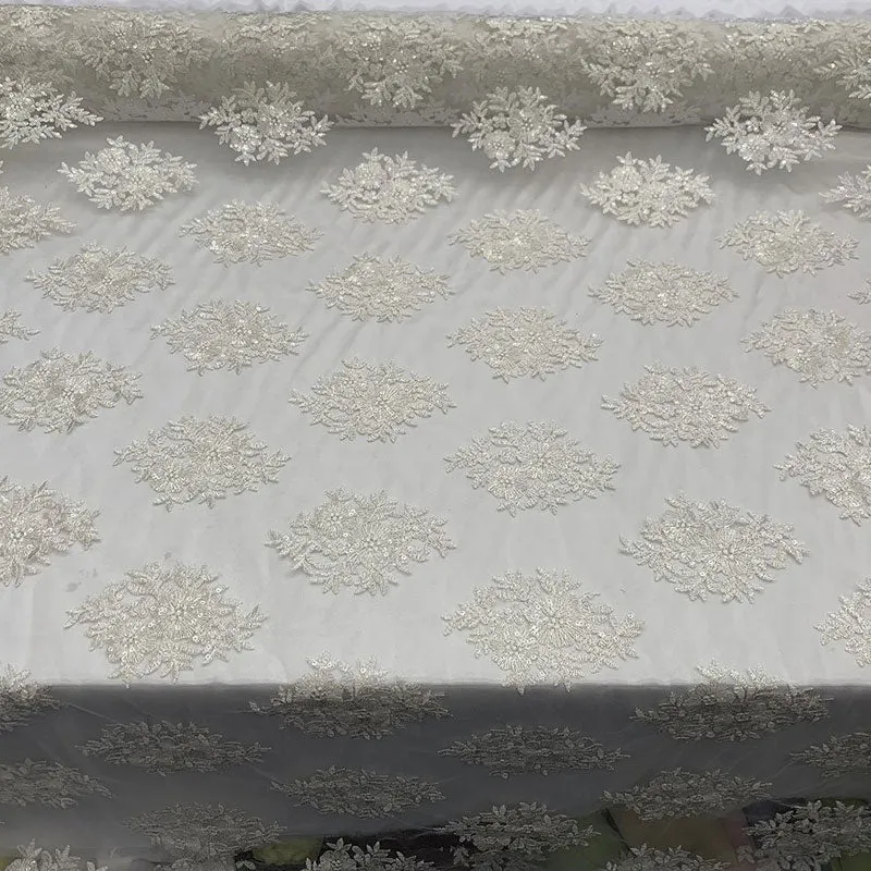 Embroidered Corded Metallic Flowers On Mesh Lace Fabric With Sequins