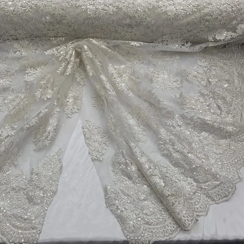 Embroidered Corded Metallic Flowers On Mesh Lace Fabric With Sequins