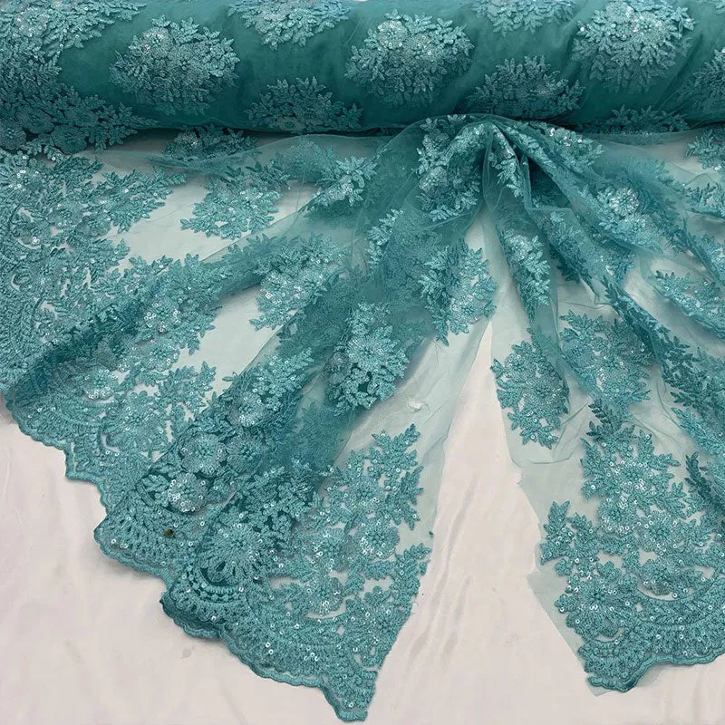 Embroidered Corded Metallic Flowers On Mesh Lace Fabric With Sequins