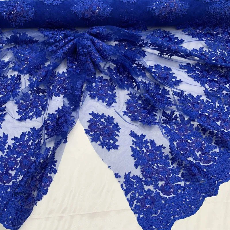 Embroidered Corded Metallic Flowers On Mesh Lace Fabric With Sequins