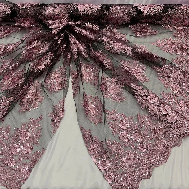 Embroidered Corded Metallic Flowers On Mesh Lace Fabric With Sequins