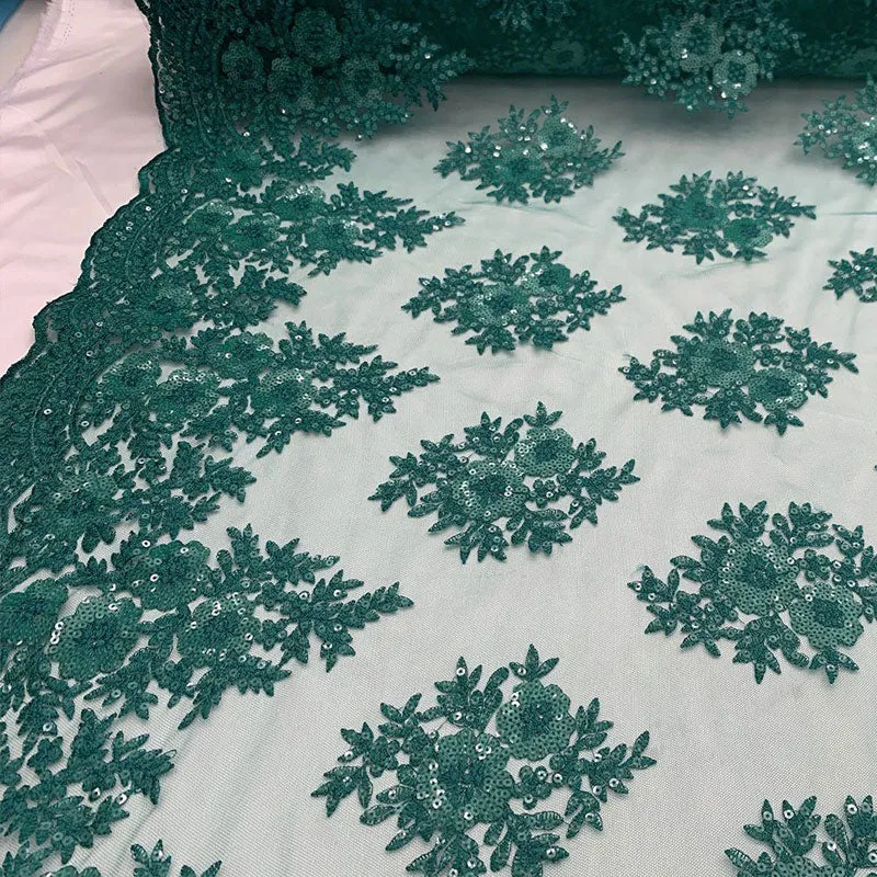 Embroidered Corded Metallic Flowers On Mesh Lace Fabric With Sequins