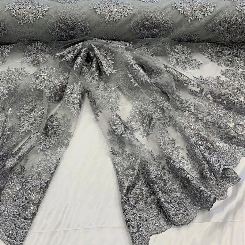 Embroidered Corded Metallic Flowers On Mesh Lace Fabric With Sequins