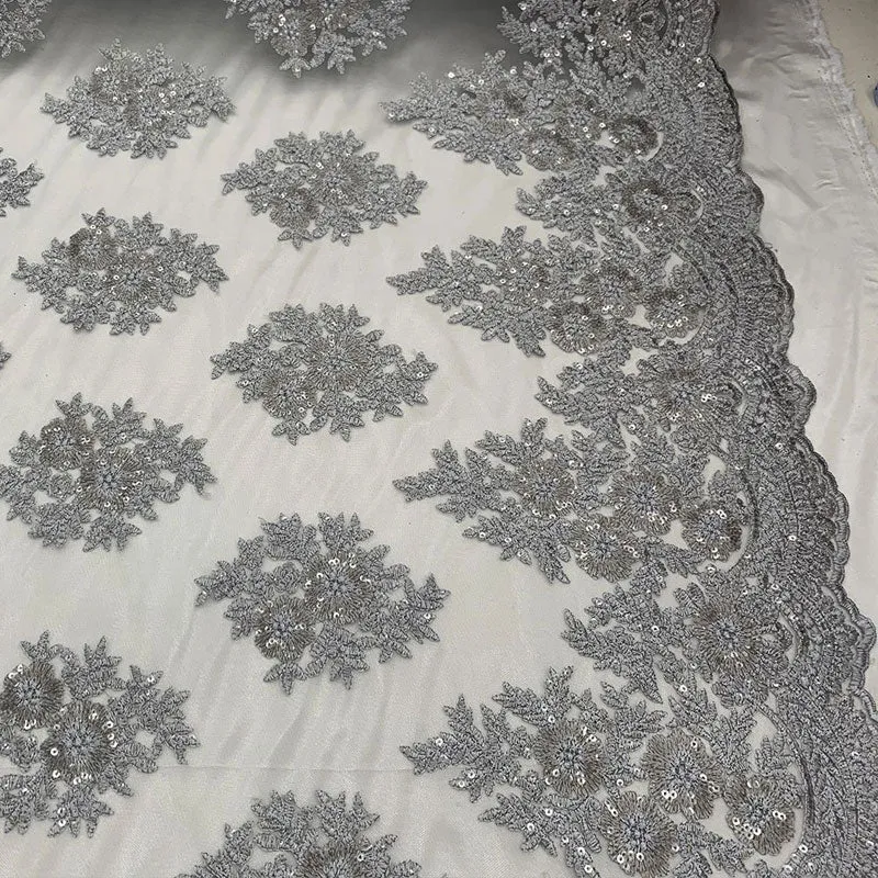 Embroidered Corded Metallic Flowers On Mesh Lace Fabric With Sequins