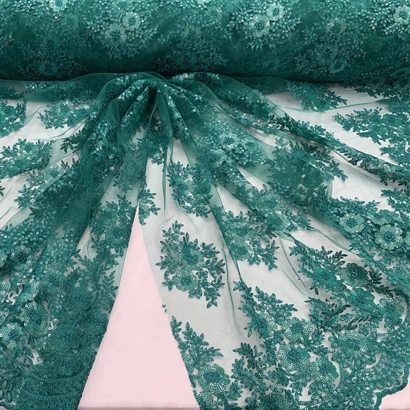 Embroidered Corded Metallic Flowers On Mesh Lace Fabric With Sequins