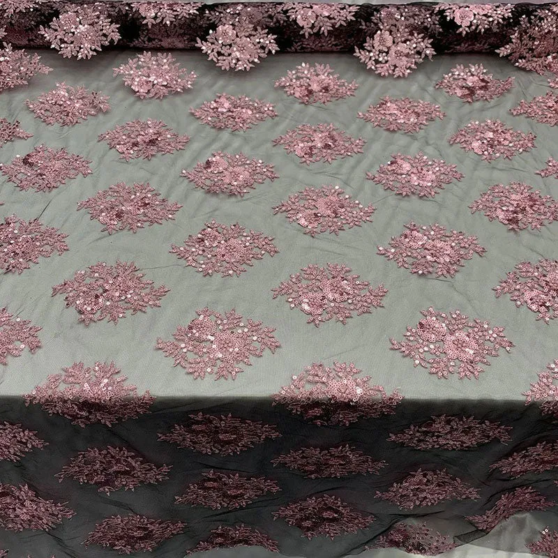 Embroidered Corded Metallic Flowers On Mesh Lace Fabric With Sequins