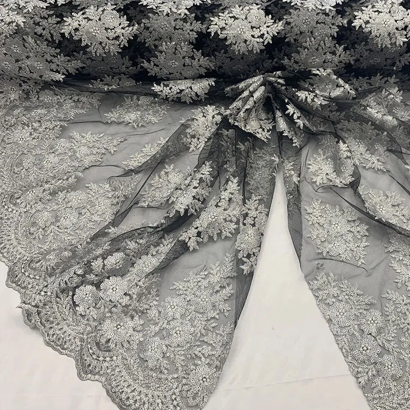 Embroidered Corded Metallic Flowers On Mesh Lace Fabric With Sequins