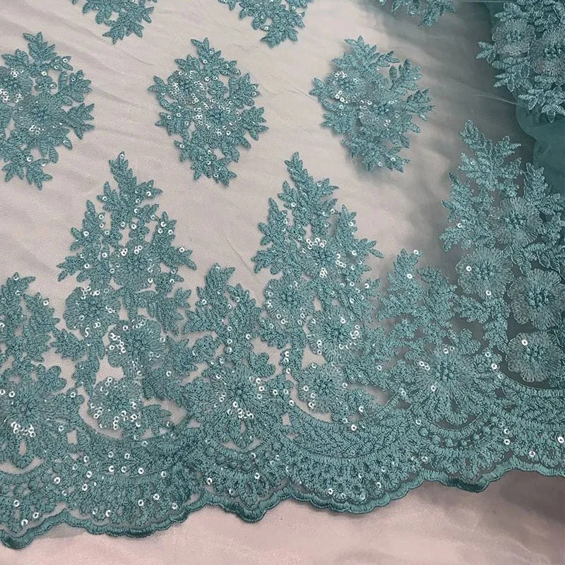 Embroidered Corded Metallic Flowers On Mesh Lace Fabric With Sequins