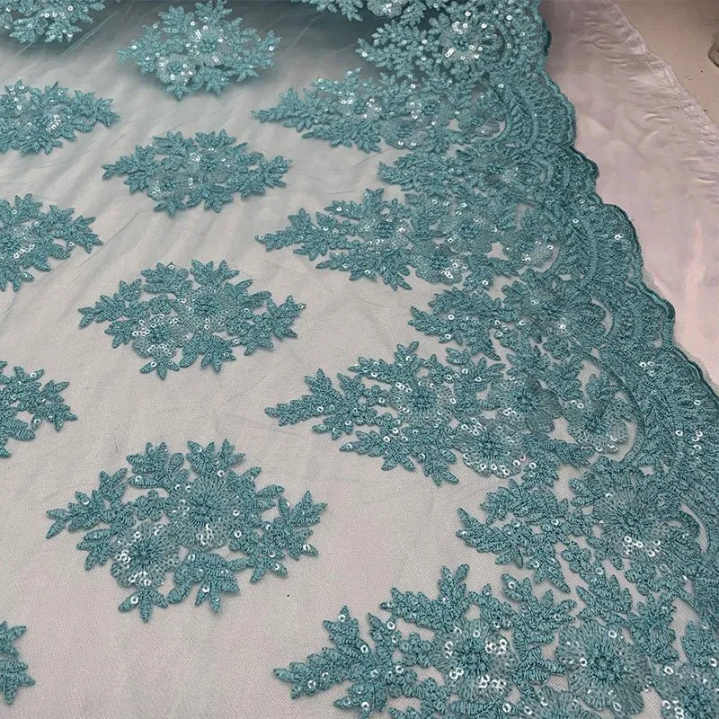 Embroidered Corded Metallic Flowers On Mesh Lace Fabric With Sequins