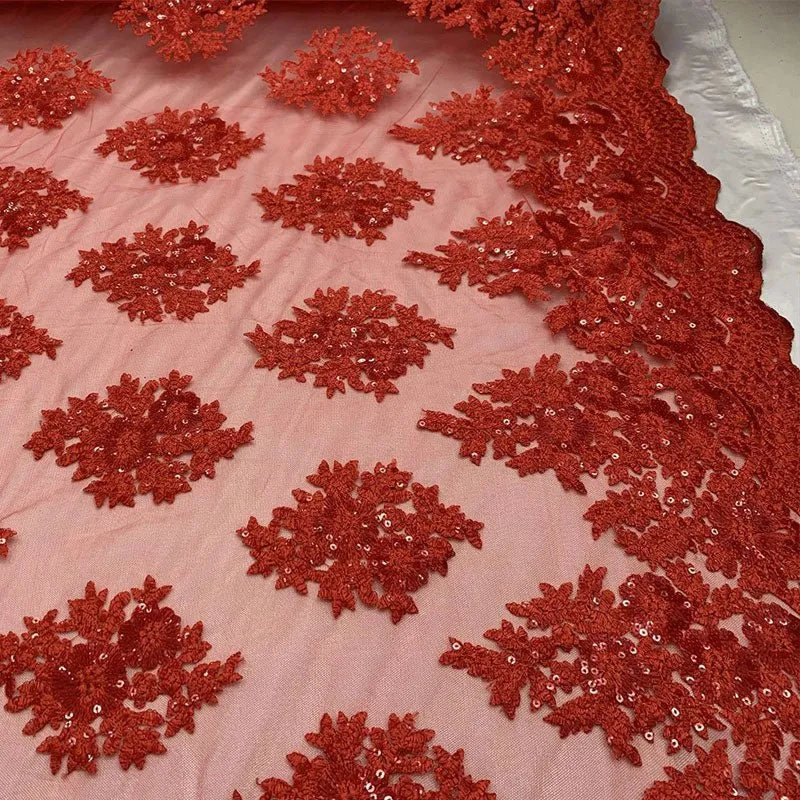 Embroidered Corded Metallic Flowers On Mesh Lace Fabric With Sequins