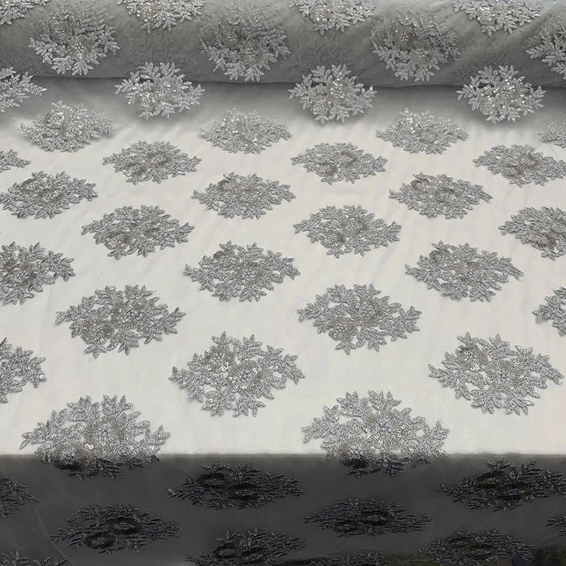 Embroidered Corded Metallic Flowers On Mesh Lace Fabric With Sequins