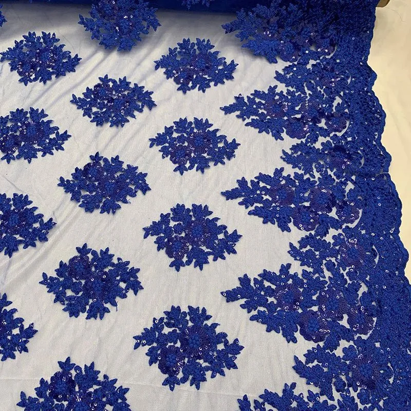 Embroidered Corded Metallic Flowers On Mesh Lace Fabric With Sequins