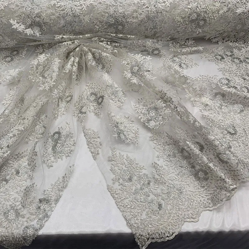 Embroidered Corded Metallic Flowers On Mesh Lace Fabric With Sequins