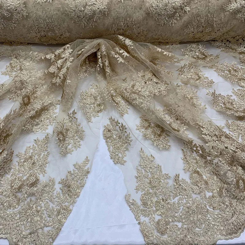 Embroidered Corded Metallic Flowers On Mesh Lace Fabric With Sequins