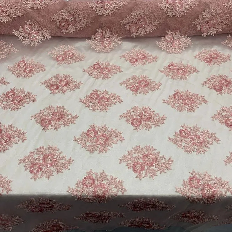 Embroidered Corded Metallic Flowers On Mesh Lace Fabric With Sequins