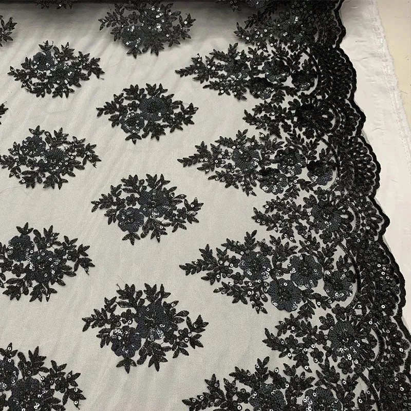 Embroidered Corded Metallic Flowers On Mesh Lace Fabric With Sequins
