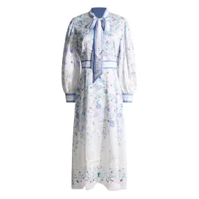 French Style Bow Tie Front Bishop Sleeve Floral Printed Midi Vacation Dress French Style Bow Tie Front Bishop Sleeve Floral Printed Midi Vacation Dress