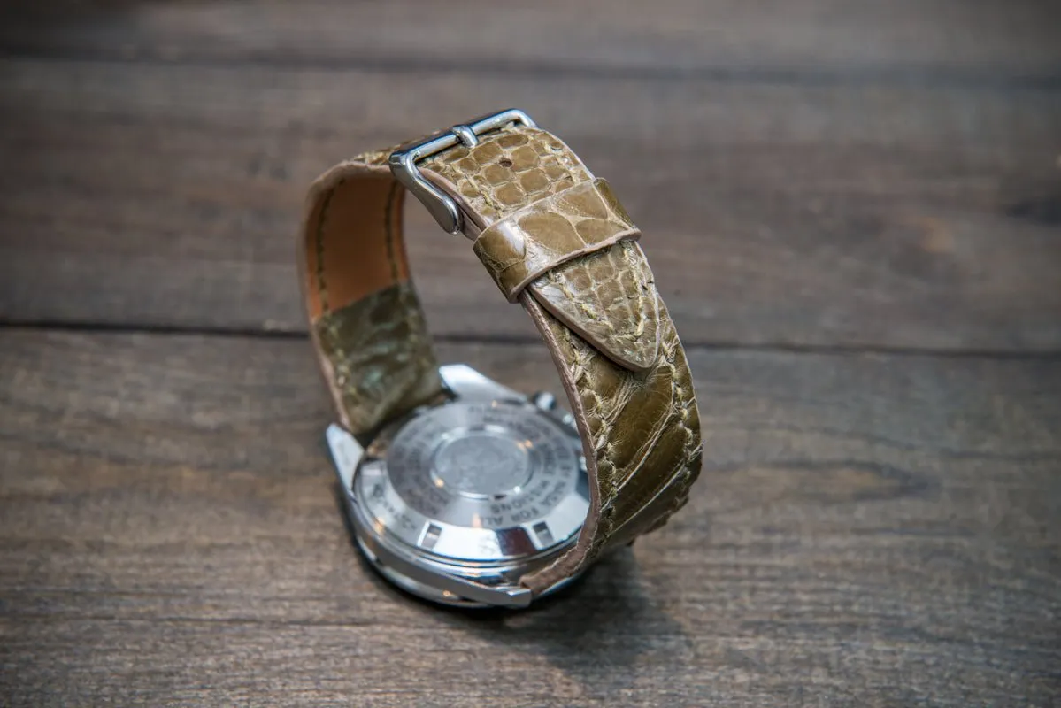 Genuine Python leather watch strap in olive color, Italian leather / handmade to order in Finland