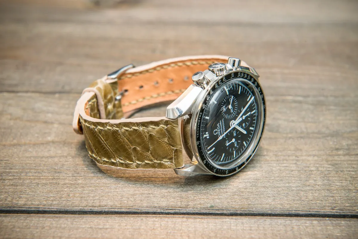 Genuine Python leather watch strap in olive color, Italian leather / handmade to order in Finland