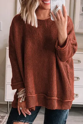 Gold Flame Solid Color Textured Crew Neck Loose Sweater Gold Flame Solid Color Textured Crew Neck Loose Sweater