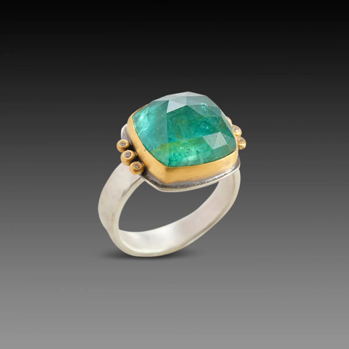 Green Tourmaline Ring with Diamond Trios
