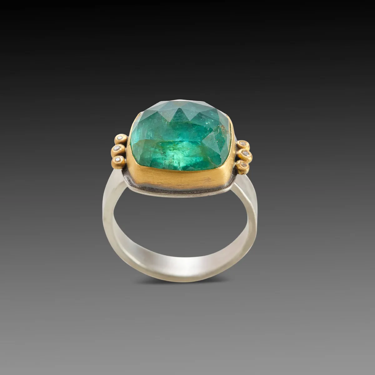 Green Tourmaline Ring with Diamond Trios