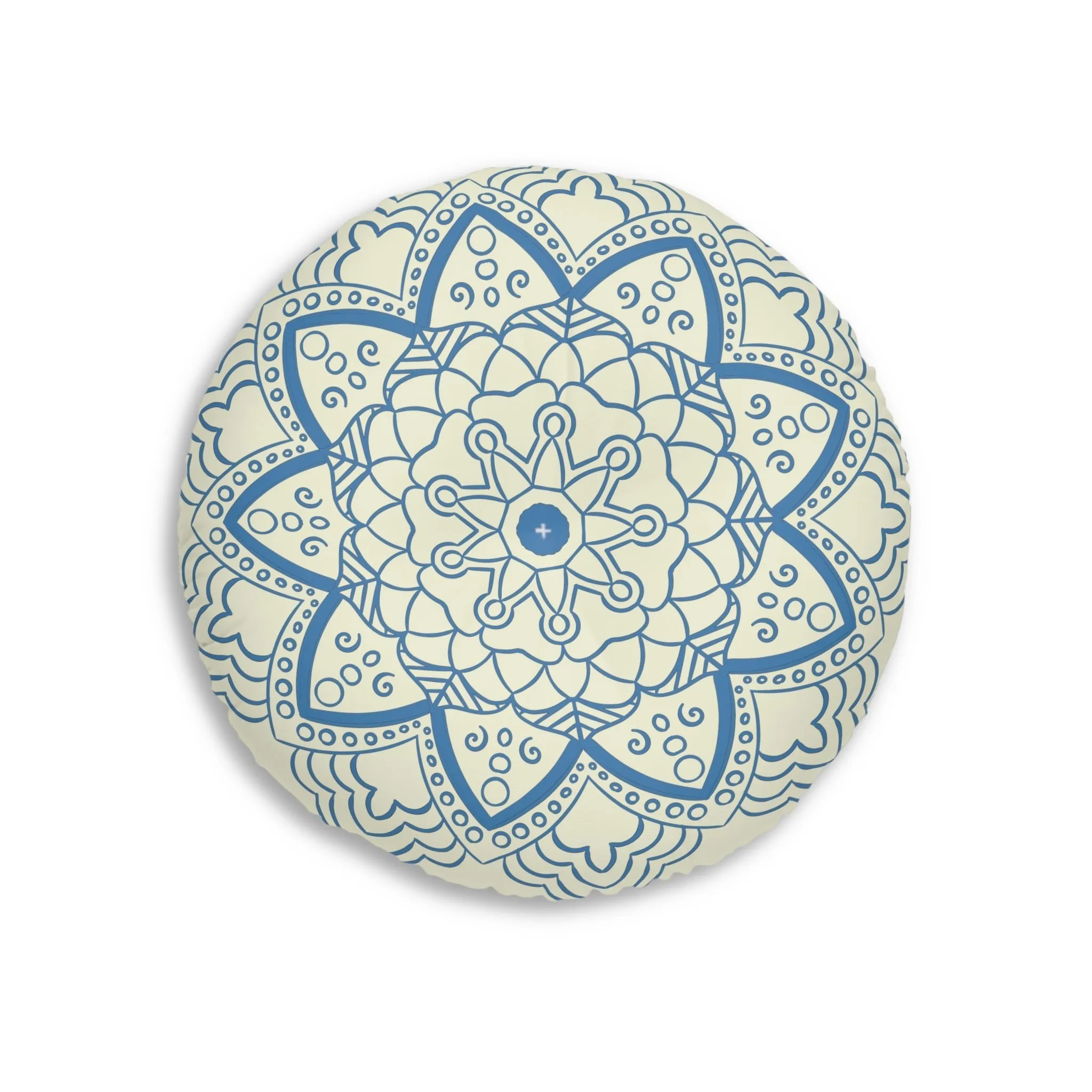 Handmade Mandala Art Floor Cushion - Steel Blue on Beige Background - Drawn by Hand - Tufted Round Pillow