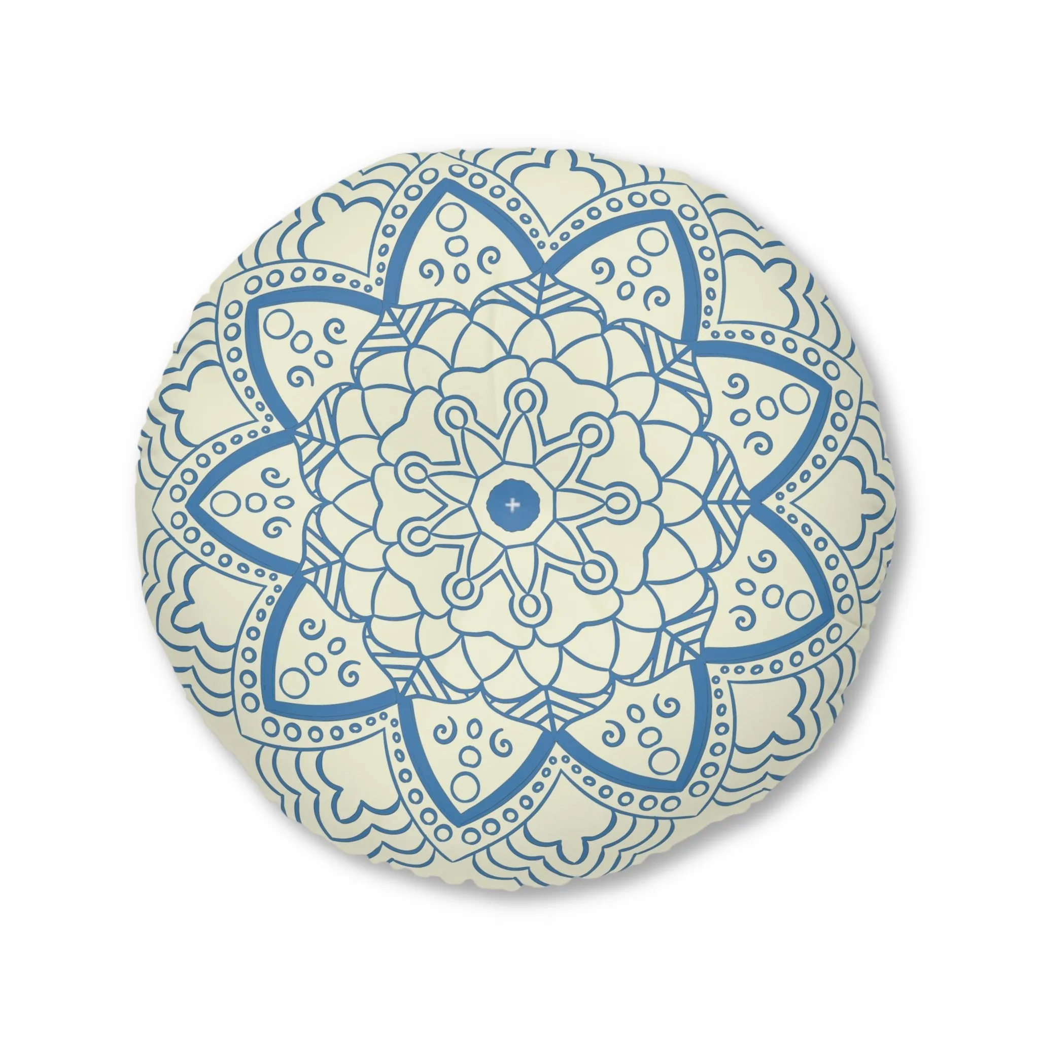 Handmade Mandala Art Floor Cushion - Steel Blue on Beige Background - Drawn by Hand - Tufted Round Pillow