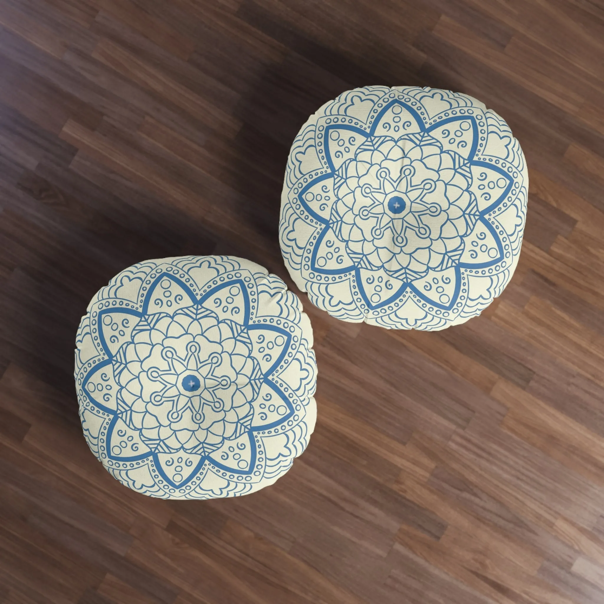 Handmade Mandala Art Floor Cushion - Steel Blue on Beige Background - Drawn by Hand - Tufted Round Pillow