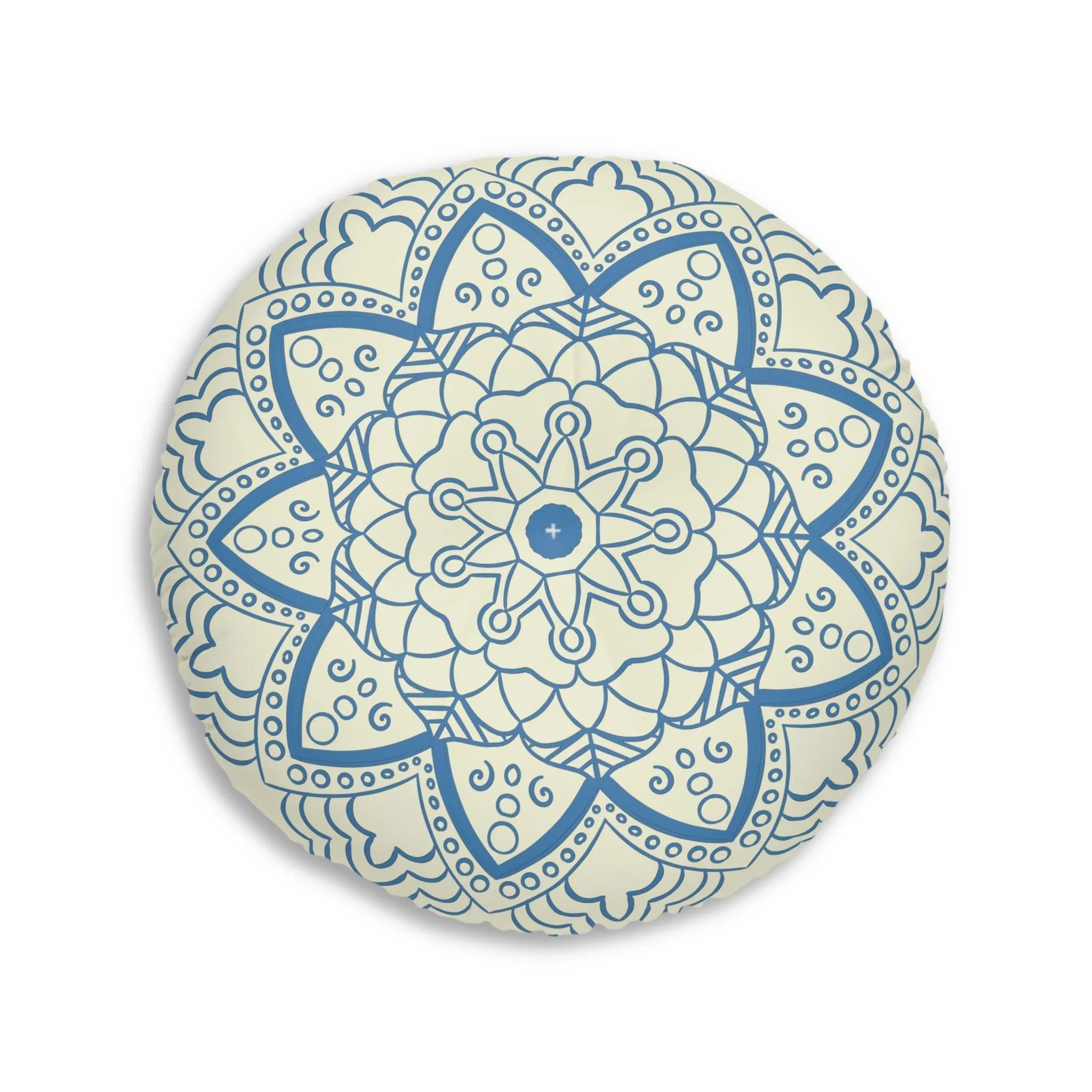 Handmade Mandala Art Floor Cushion - Steel Blue on Beige Background - Drawn by Hand - Tufted Round Pillow