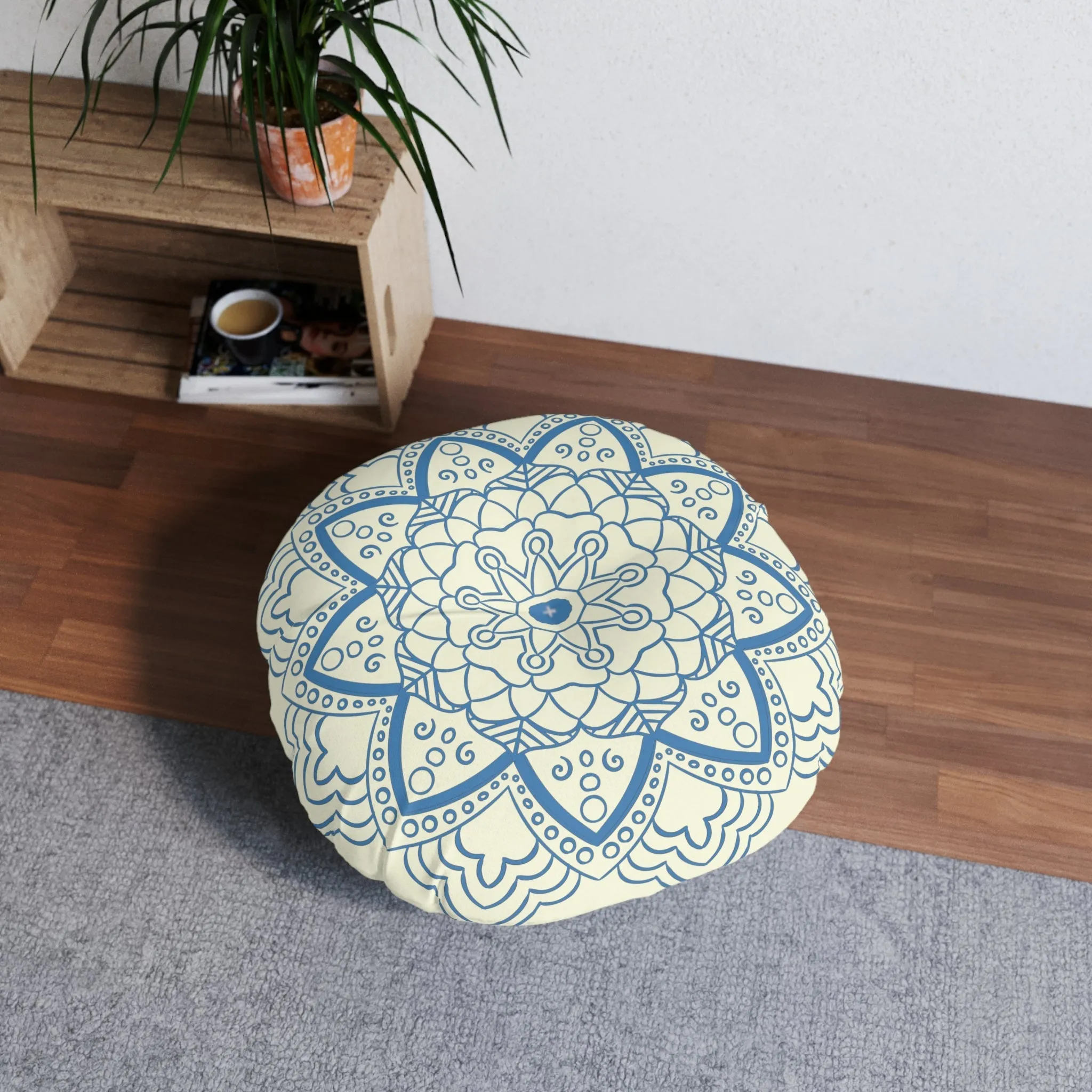 Handmade Mandala Art Floor Cushion - Steel Blue on Beige Background - Drawn by Hand - Tufted Round Pillow