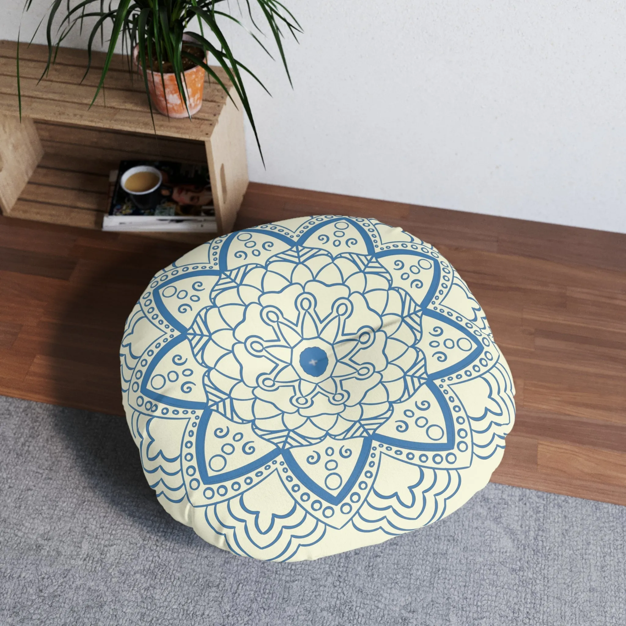 Handmade Mandala Art Floor Cushion - Steel Blue on Beige Background - Drawn by Hand - Tufted Round Pillow