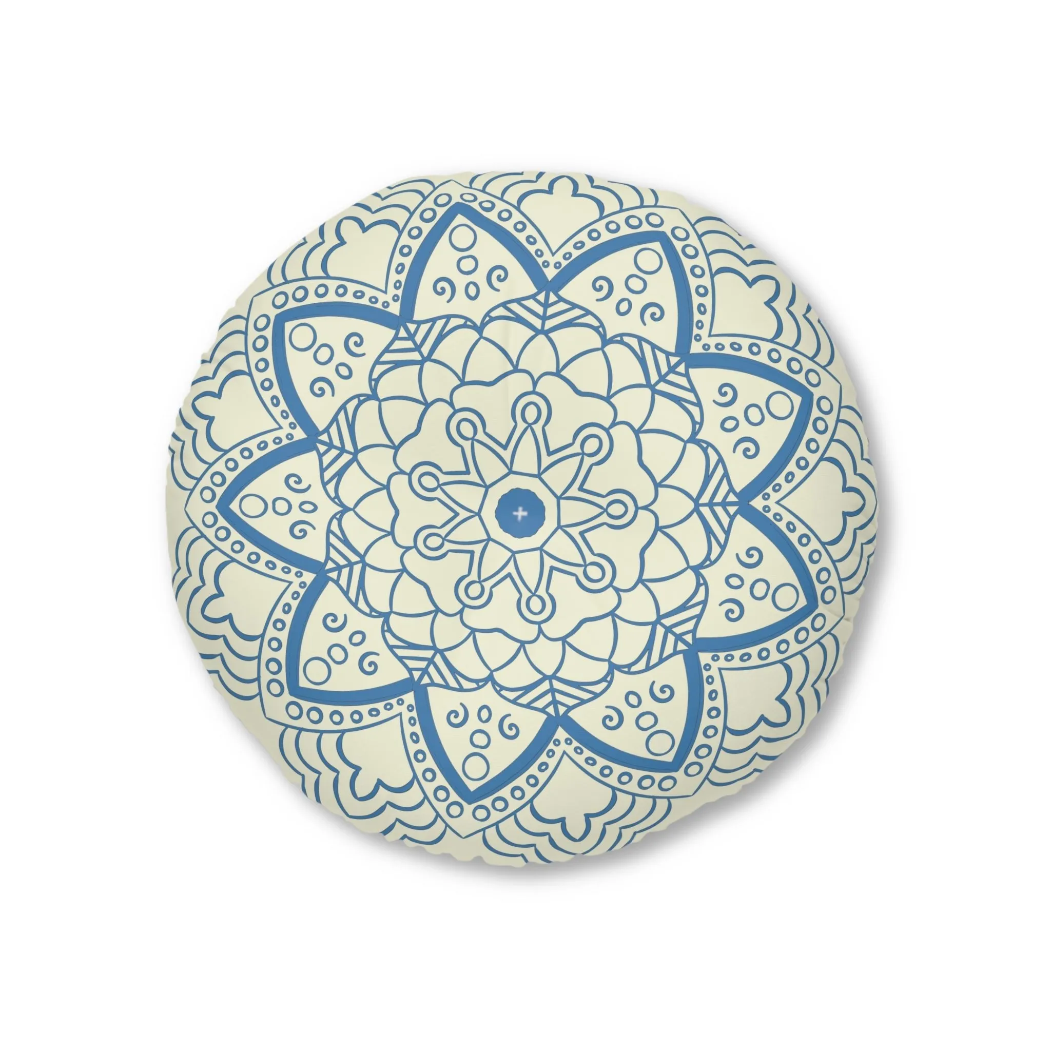 Handmade Mandala Art Floor Cushion - Steel Blue on Beige Background - Drawn by Hand - Tufted Round Pillow