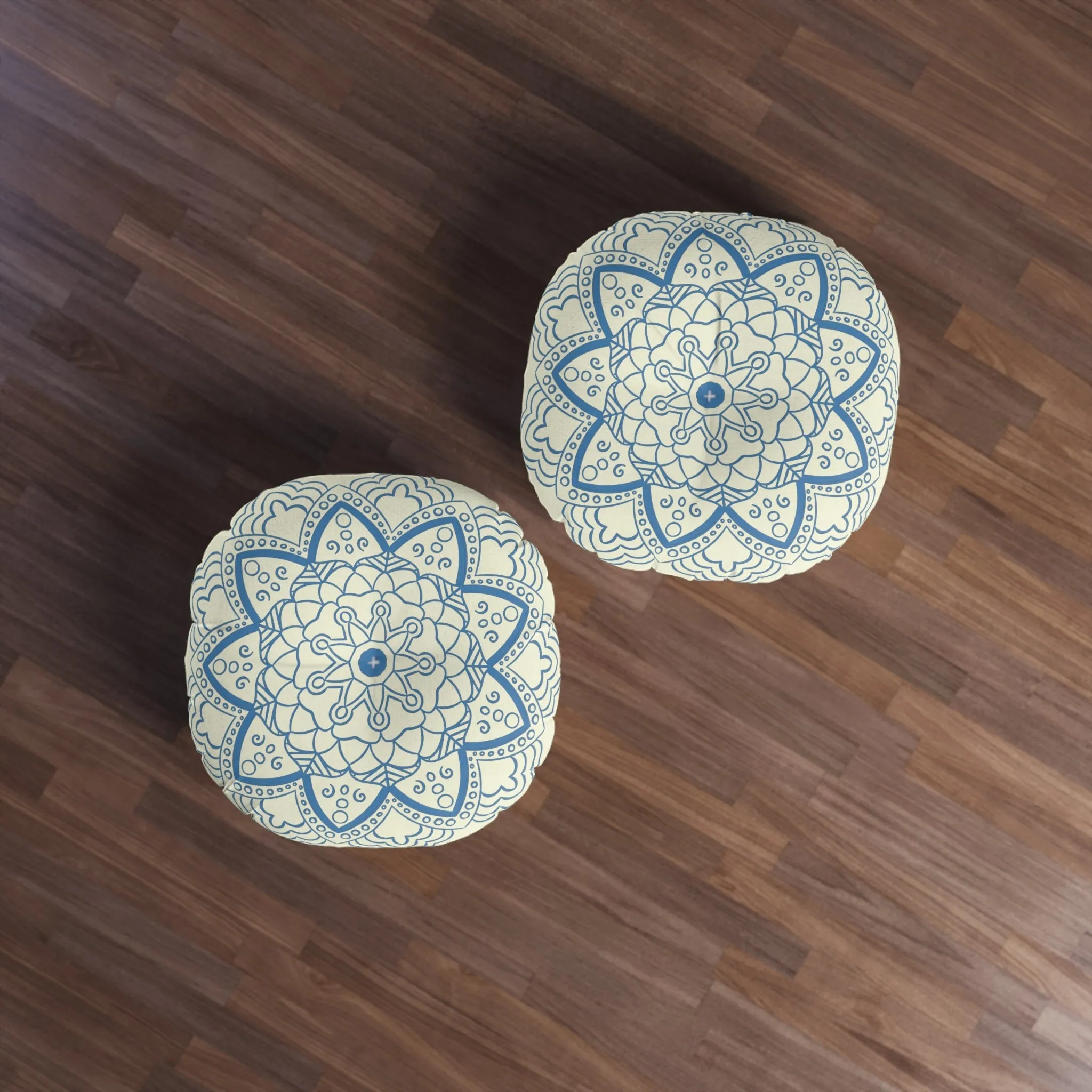Handmade Mandala Art Floor Cushion - Steel Blue on Beige Background - Drawn by Hand - Tufted Round Pillow