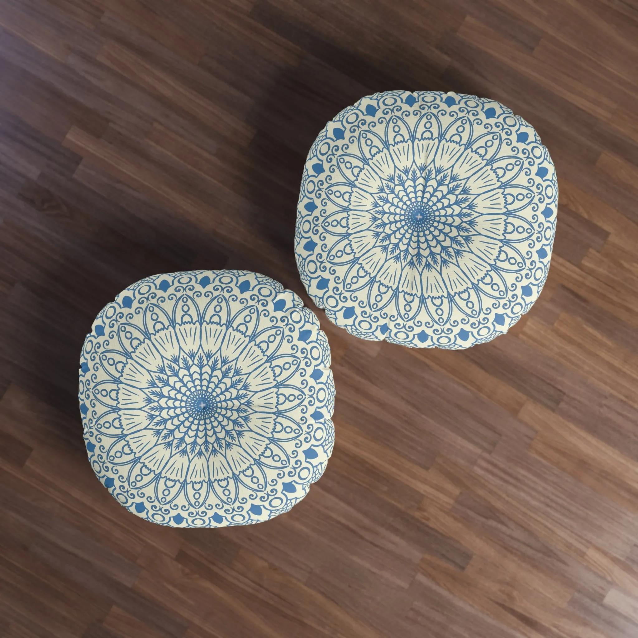 Handmade Mandala Art Floor Cushion - Steel Blue on Beige - Tufted Round