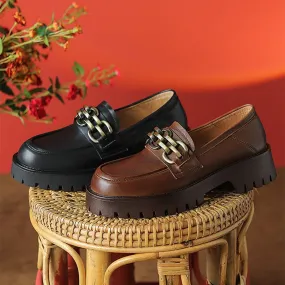 Horsebit-Detailed Handmade Leather Platform Loafers For Women In Black/Coffee Horsebit-Detailed Handmade Leather Platform Loafers For Women In Black/Coffee