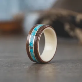 (In-Stock) Antique Walnut Wood Ring, Holly Liner, Center Turquoise & Dual Brass - Size 6 | 7mm Wide (In-Stock) Antique Walnut Wood Ring, Holly Liner, Center Turquoise & Dual Brass - Size 6 | 7mm Wide