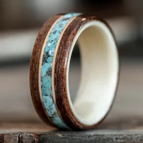 (In-Stock) Antique Walnut Wood Ring, Holly Liner, Center Turquoise & Dual Yellow Gold - Size 7 | 8mm Wide (In-Stock) Antique Walnut Wood Ring, Holly Liner, Center Turquoise & Dual Yellow Gold - Size 7 | 8mm Wide