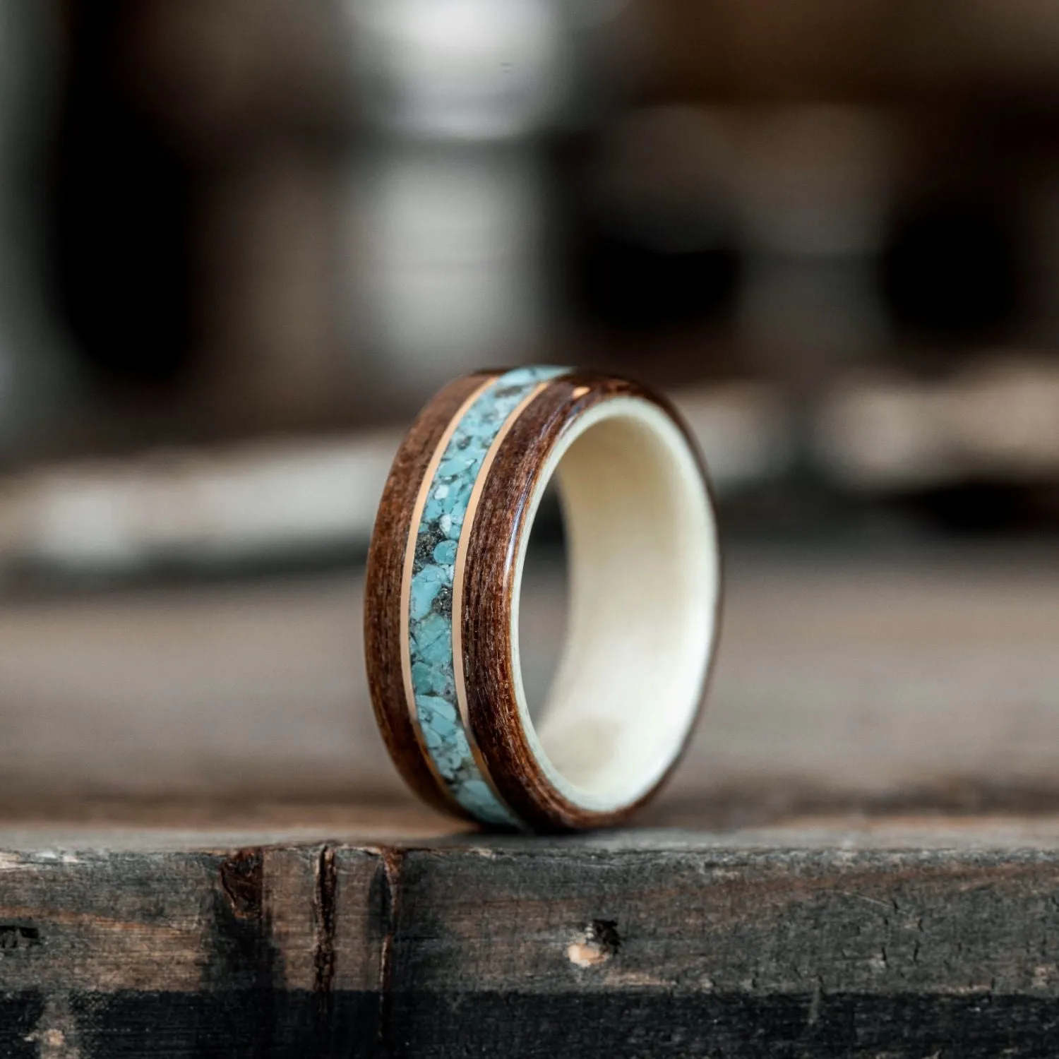 (In-Stock) Antique Walnut Wood Ring, Holly Liner, Center Turquoise & Dual Yellow Gold - Size 7 | 8mm Wide