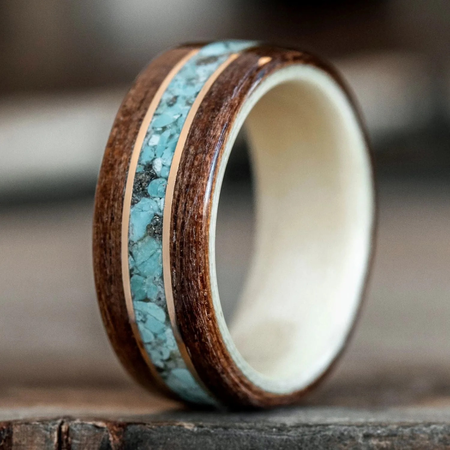 (In-Stock) Antique Walnut Wood Ring, Holly Liner, Center Turquoise & Dual Yellow Gold - Size 7 | 8mm Wide