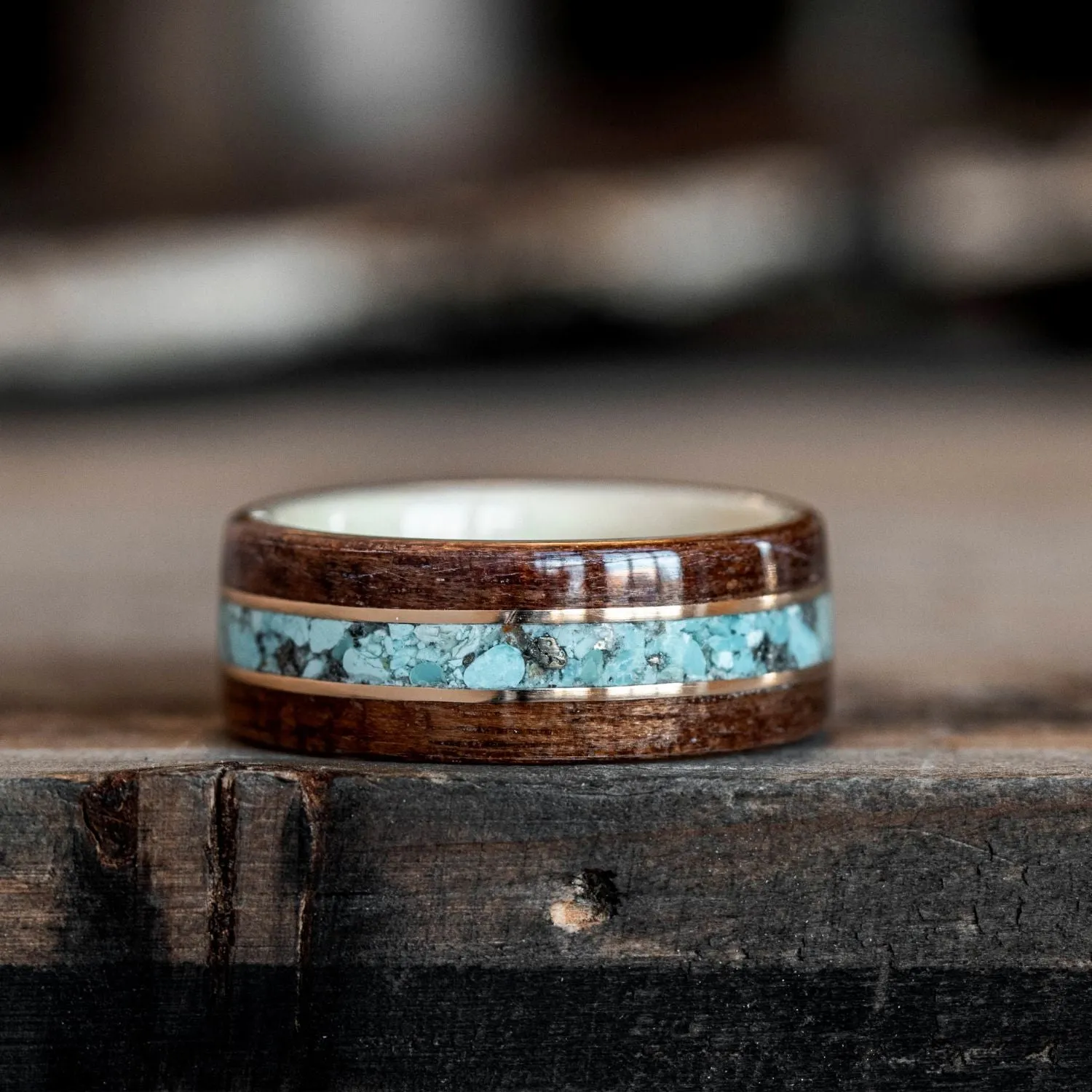 (In-Stock) Antique Walnut Wood Ring, Holly Liner, Center Turquoise & Dual Yellow Gold - Size 7 | 8mm Wide