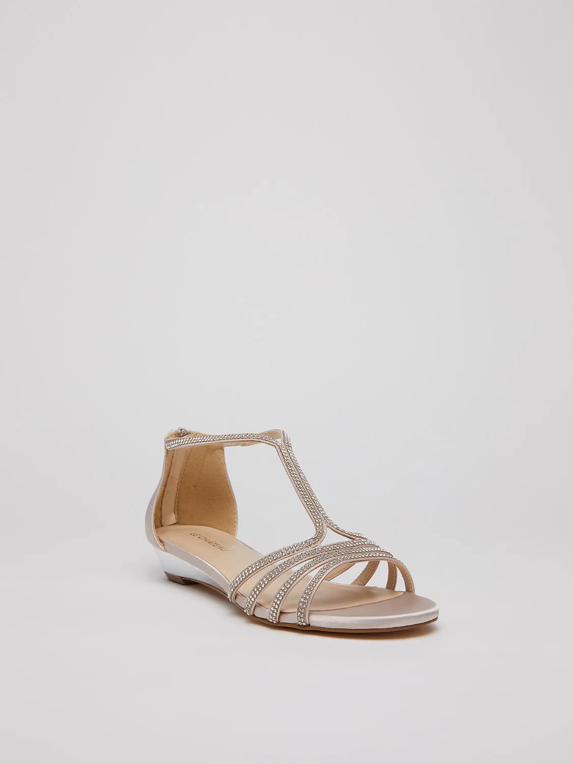 Jewelled Round Toe T-Strap Wedge Sandal