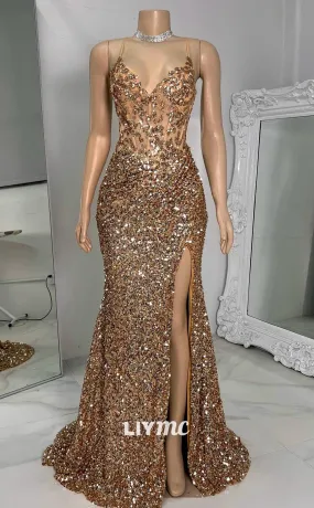 LP1411 - V-Neck Spaghetti Straps Appliques Lace-Up Seques Sparkly Prom Dress for Black Girls LP1411 - V-Neck Spaghetti Straps Appliques Lace-Up Seques Sparkly Prom Dress for Black Girls