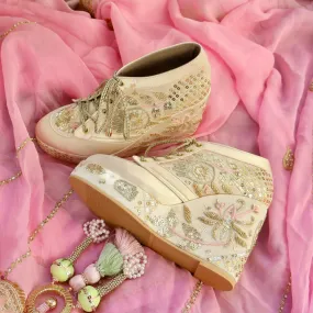 MASABA- Gold Customizable Embroidered Sneaker Wedges | Tiesta Shoes MASABA- Gold Customizable Embroidered Sneaker Wedges | Tiesta Shoes