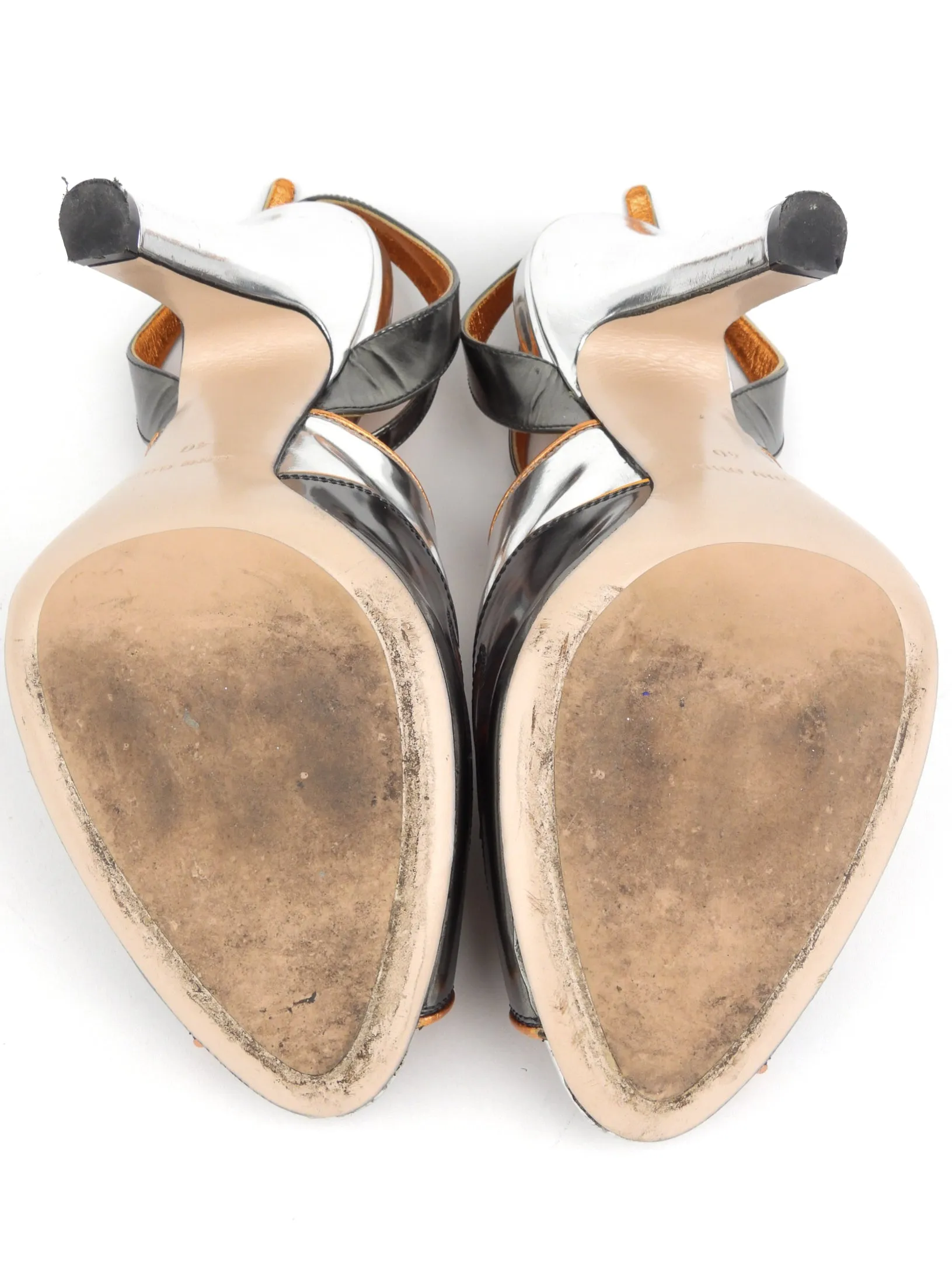 Miu Miu Metallic Leather Peep Toe Strappy Heels - 40 IT