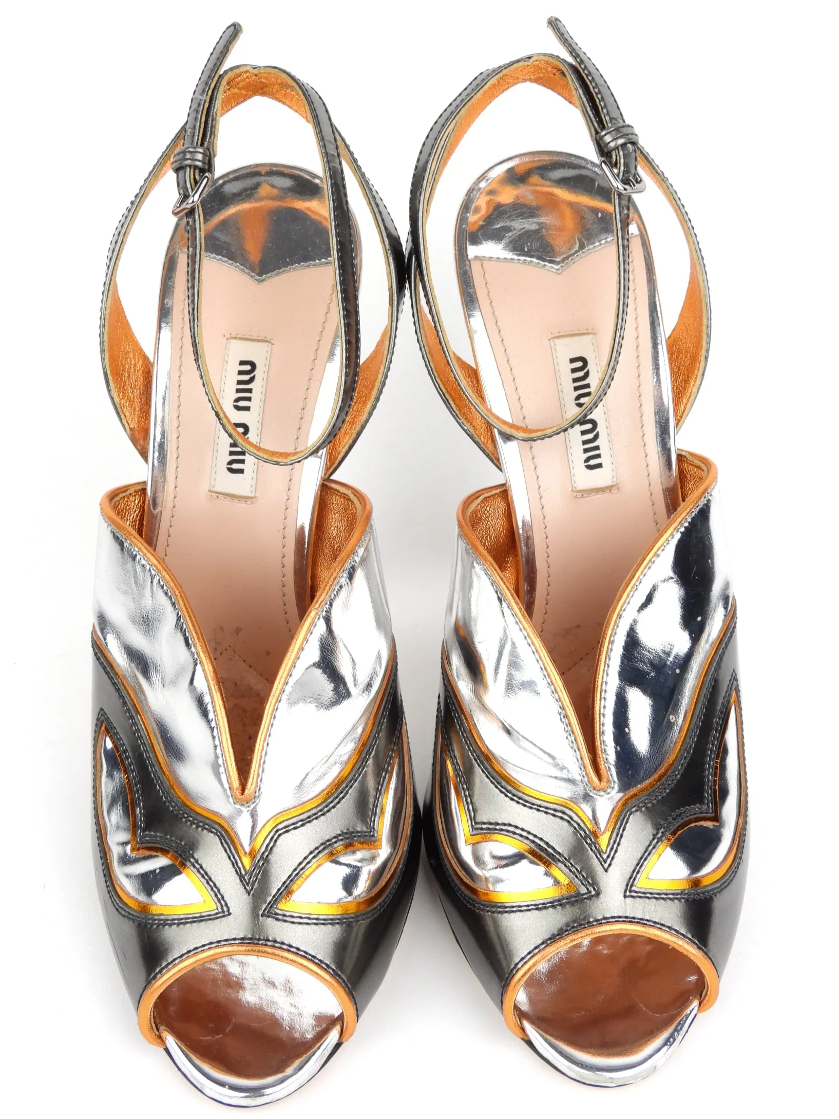 Miu Miu Metallic Leather Peep Toe Strappy Heels - 40 IT