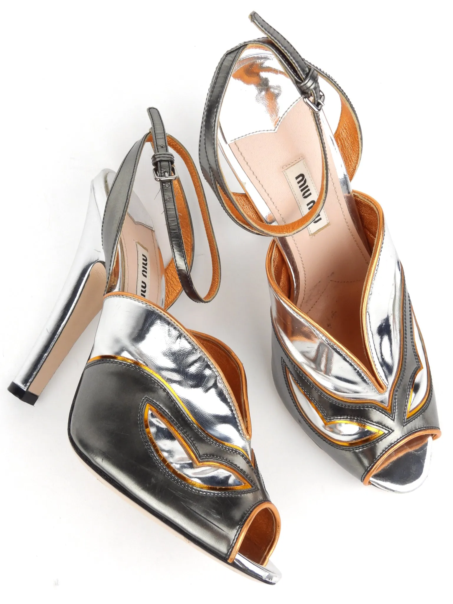 Miu Miu Metallic Leather Peep Toe Strappy Heels - 40 IT
