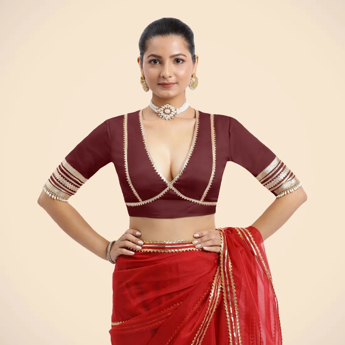 Nafeeza x Tyohaar | Burgundy Embellished Elbow Sleeves FlexiFit™ Saree Blouse with Plunging V Neckline with Tasteful Golden Gota Lace