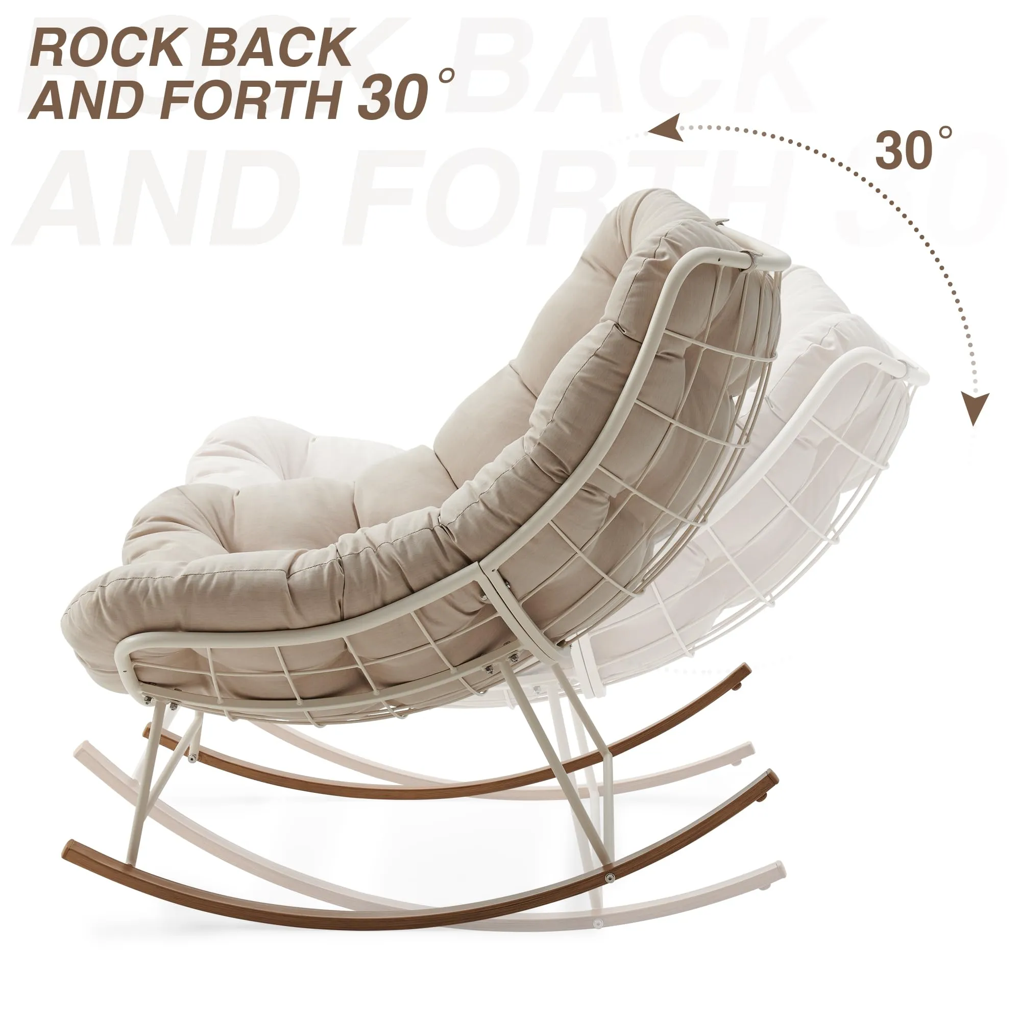Outdoor Rocking Chair, Oversized Comfy Reading chair with Padded Cushion, Patio Rocking Chair for Backyard, Front Porch, and Living Room(Beige)