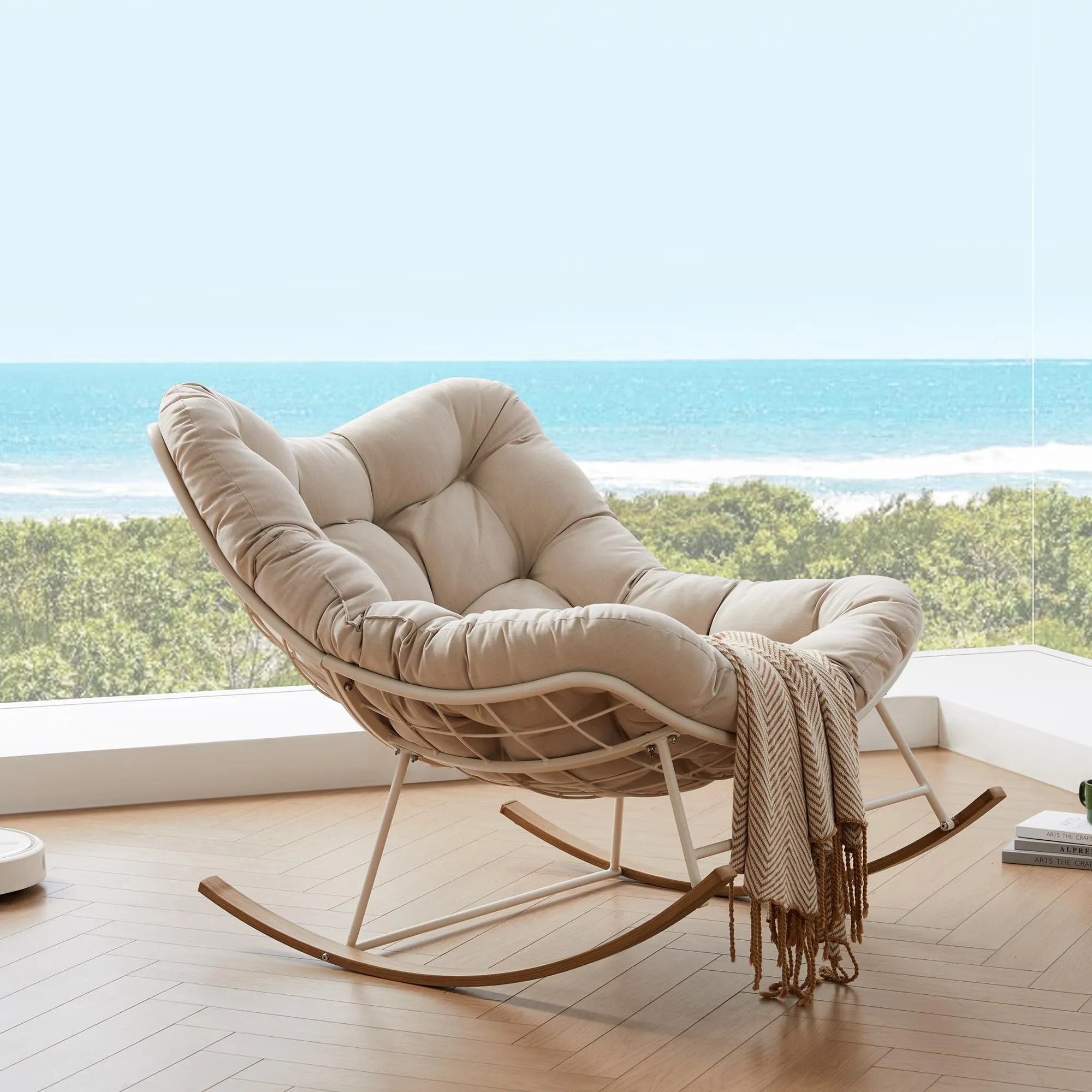 Outdoor Rocking Chair, Oversized Comfy Reading chair with Padded Cushion, Patio Rocking Chair for Backyard, Front Porch, and Living Room(Beige)
